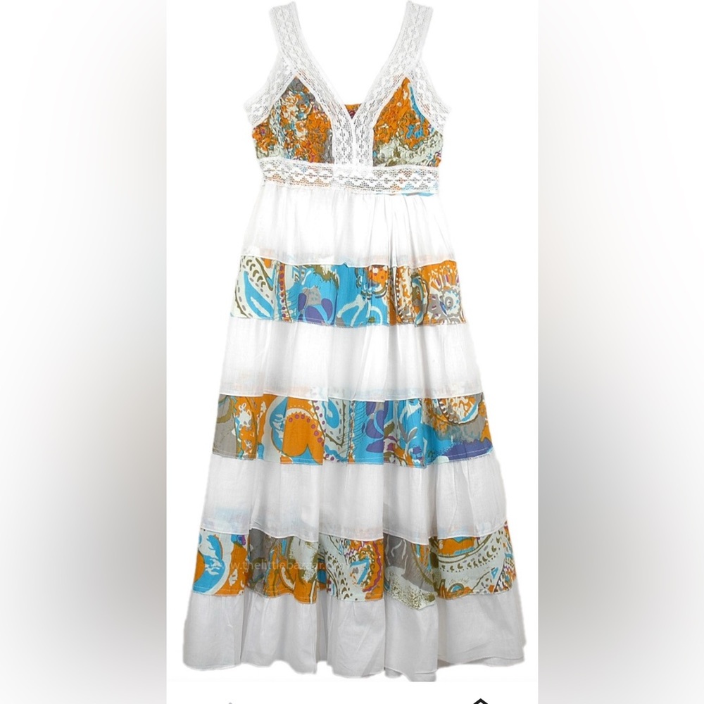 California Breeze Boho Tiered Cotton Dress in White/Multicolor Print. Size S - Picture 12 of 12